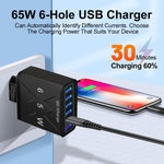Carregador de Telemóvel com 6 Portas USB 65W QC3.0 de Carregamento Rápido, Ficha UE (Preto), Ficha UE (Branco), Ficha EUA (Preto), Ficha EUA (Branco), Ficha Reino Unido (Preto), Ficha Reino Unido (Branco)