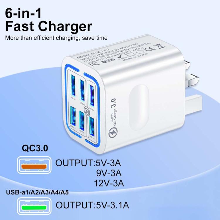 BK321 6USB Multi-port Fast Charging Phone Charger, EU Plug (Black), EU Plug (White), EU Plug (Yellow), US Plug (Black), US Plug (White), US Plug (Yellow), UK Plug (Black), UK Plug (White), UK Plug (Yellow)