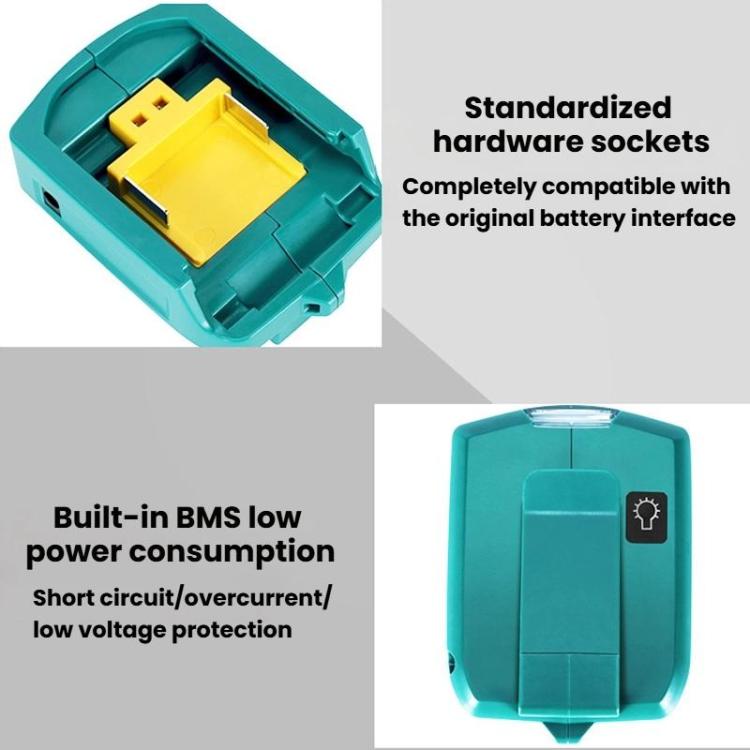 Adaptador de bateria de lítio Makita 14,4V/18V com iluminação LED, USB duplo + DC