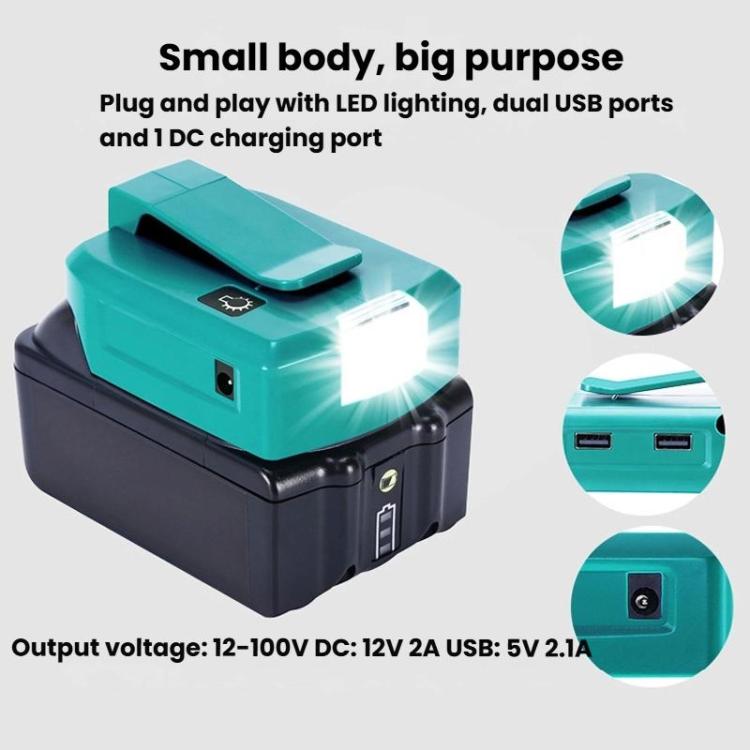 Adaptador de bateria de lítio Makita 14,4V/18V com iluminação LED, USB duplo + DC