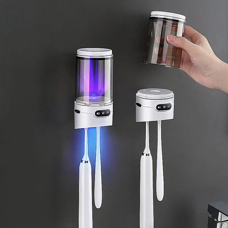 Esterilizador Recarregável UV para Escova de Dentes e Copo, Montagem na Parede - Instalação Sem Perfuração para Utilizador Único