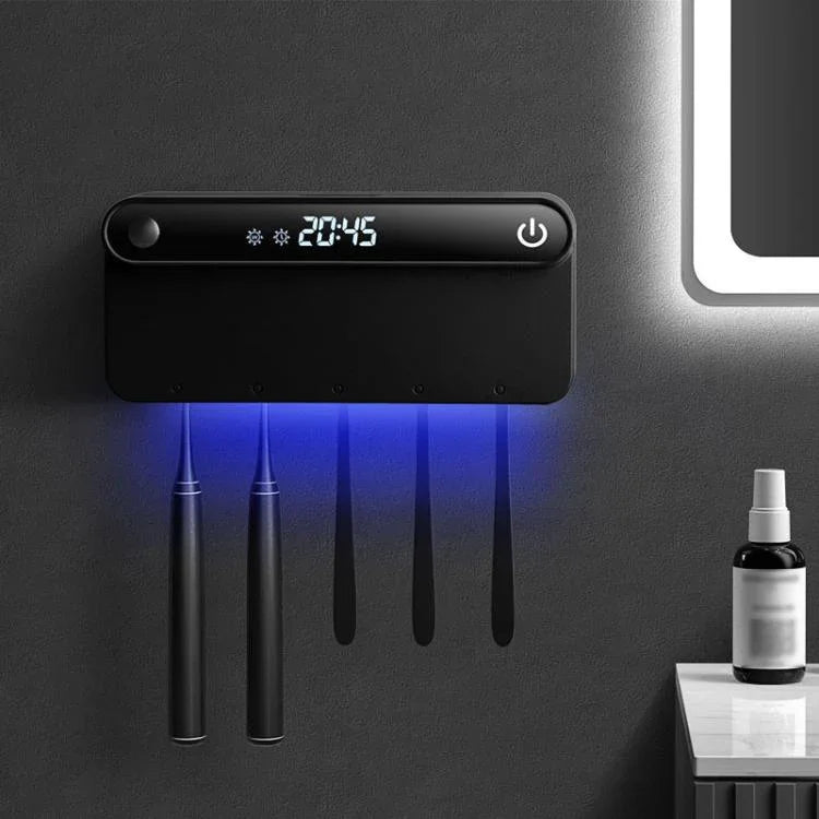 Esterilizador e Secador Inteligente de Escova de Dentes UV com Sensor Humano, Display de Tempo, Carregamento Rápido USB-C, Suporte de Parede Sem Perfuração