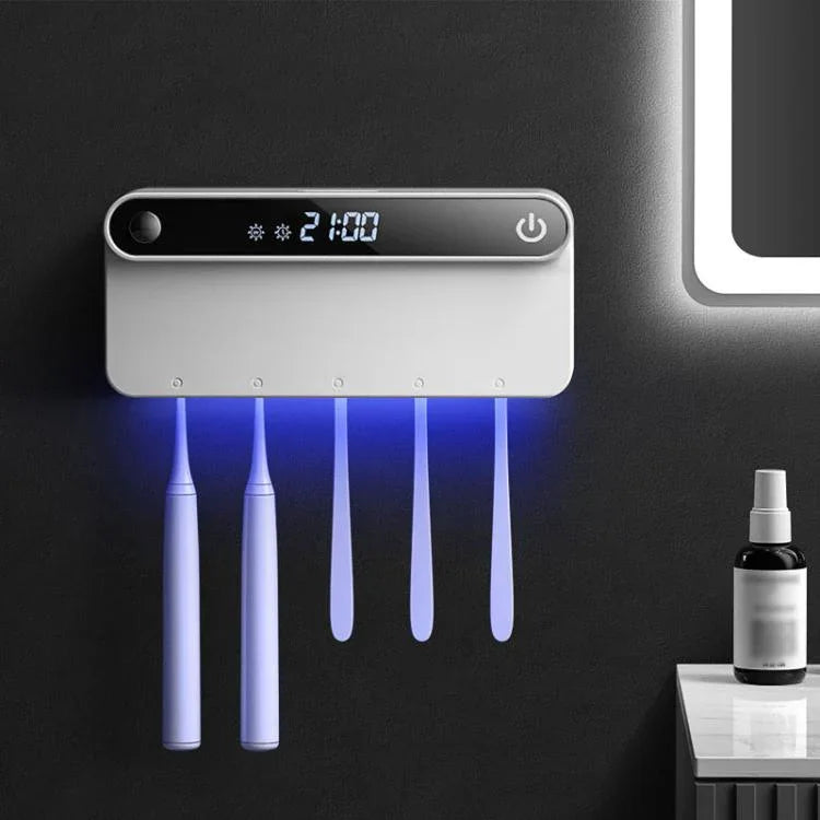 Esterilizador e Secador Inteligente de Escova de Dentes UV com Sensor Humano, Display de Tempo, Carregamento Rápido USB-C, Suporte de Parede Sem Perfuração