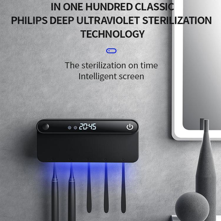 Esterilizador e Secador Inteligente de Escova de Dentes UV com Sensor Humano, Display de Tempo, Carregamento Rápido USB-C, Suporte de Parede Sem Perfuração