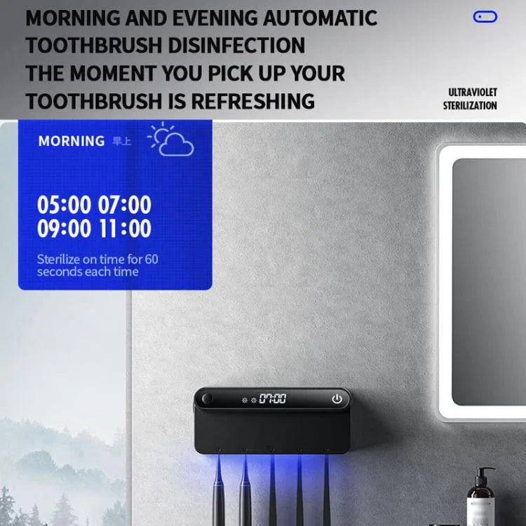 Esterilizador e Secador Inteligente de Escova de Dentes UV com Sensor Humano, Display de Tempo, Carregamento Rápido USB-C, Suporte de Parede Sem Perfuração
