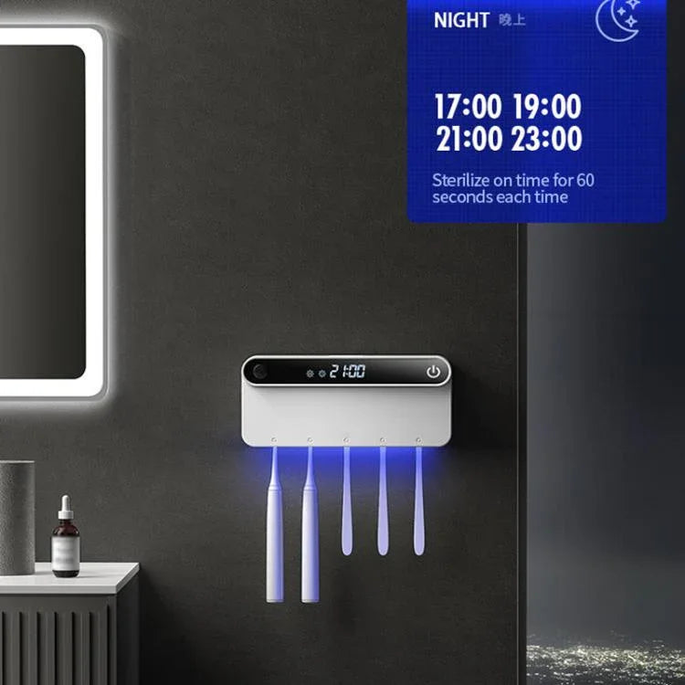 Esterilizador e Secador Inteligente de Escova de Dentes UV com Sensor Humano, Display de Tempo, Carregamento Rápido USB-C, Suporte de Parede Sem Perfuração