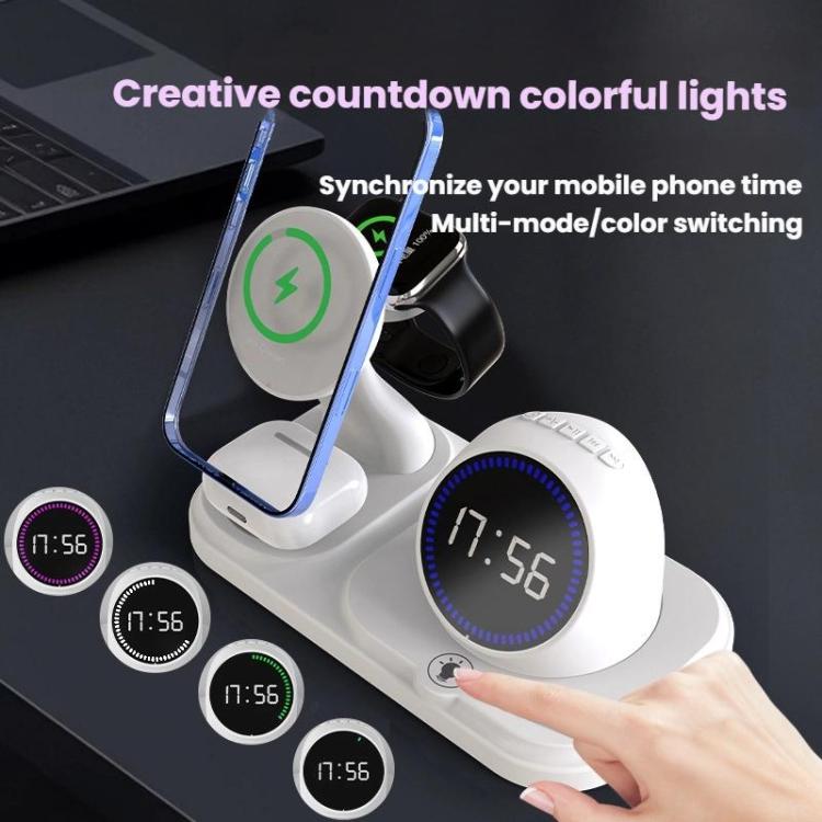 Relógio de Secretária com Carregamento Sem Fios Magnético 6 em 1, Contagem Decrescente, Colunas Bluetooth RGB