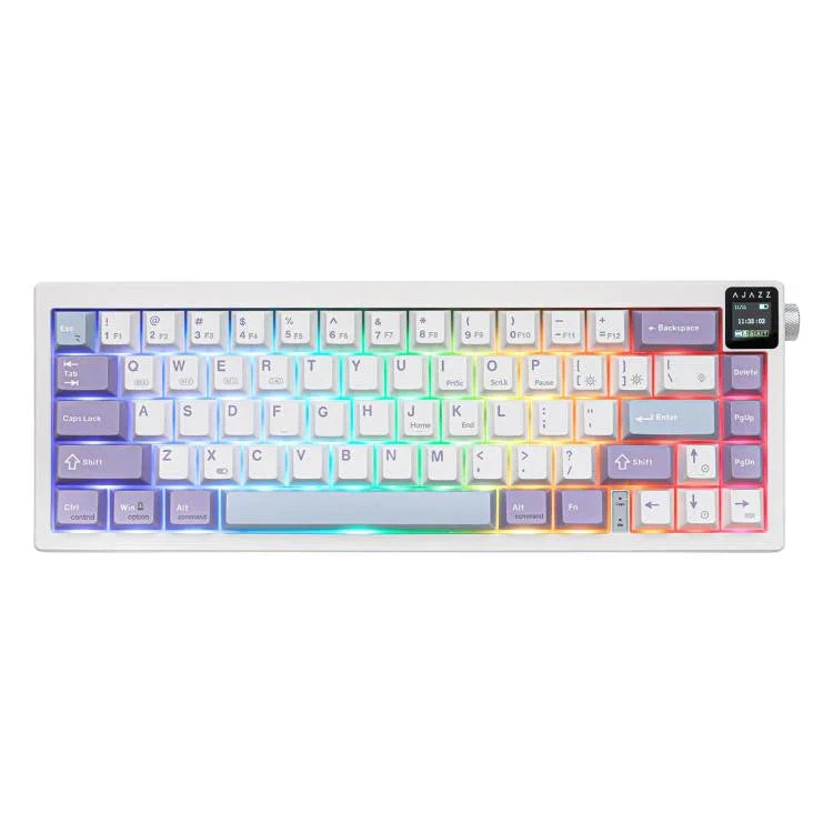 Teclado Mecânico Sem Fios Ajazz AK650 Tri-modo com Botão de Ecrã Luz RGB, Interruptor Flying Fish Roxo Branco Azul, Interruptor Dream Roxo Branco Azul, Interruptor Dream Preto Cinzento Amarelo, Interruptor Dream Gravado Lateral Gradiente Blackberry
