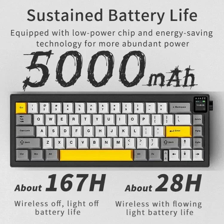 Teclado Mecânico Sem Fios Ajazz AK650 Tri-modo com Botão de Ecrã Luz RGB, Interruptor Flying Fish Roxo Branco Azul, Interruptor Dream Roxo Branco Azul, Interruptor Dream Preto Cinzento Amarelo, Interruptor Dream Gravado Lateral Gradiente Blackberry
