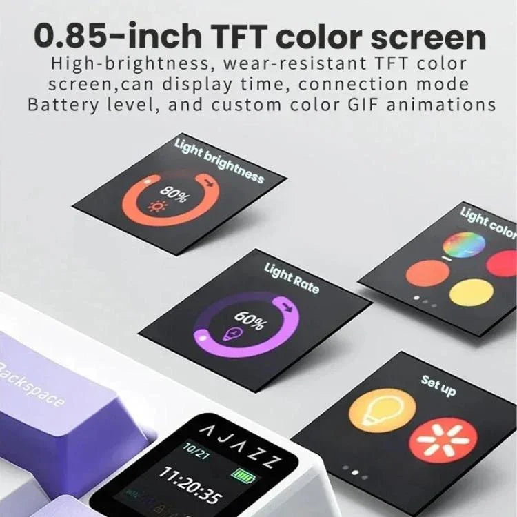 Teclado Mecânico Sem Fios Ajazz AK650 Tri-modo com Botão de Ecrã Luz RGB, Interruptor Flying Fish Roxo Branco Azul, Interruptor Dream Roxo Branco Azul, Interruptor Dream Preto Cinzento Amarelo, Interruptor Dream Gravado Lateral Gradiente Blackberry