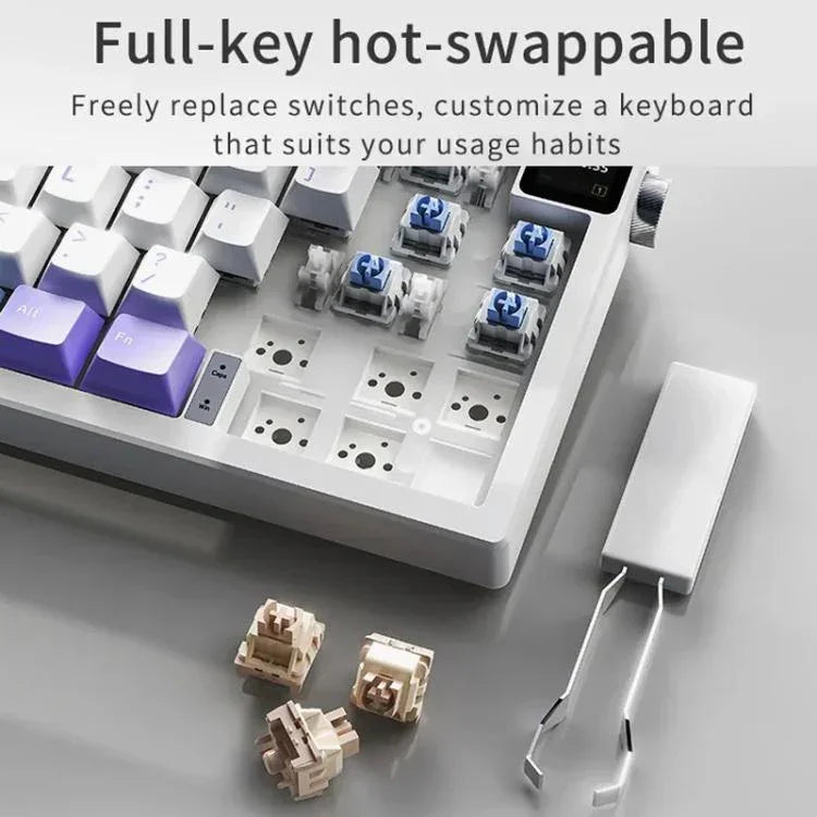 Teclado Mecânico Sem Fios Ajazz AK650 Tri-modo com Botão de Ecrã Luz RGB, Interruptor Flying Fish Roxo Branco Azul, Interruptor Dream Roxo Branco Azul, Interruptor Dream Preto Cinzento Amarelo, Interruptor Dream Gravado Lateral Gradiente Blackberry