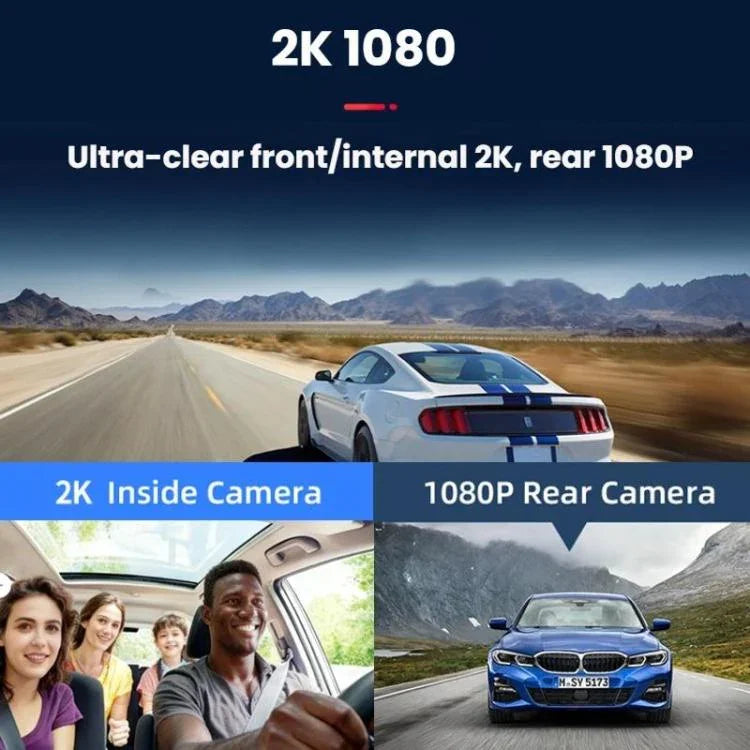 Voice-Controlled CarPlay With Split-Screen Dual-Camera Dashcam, Front Camera + Interior View, With Rear View Camera