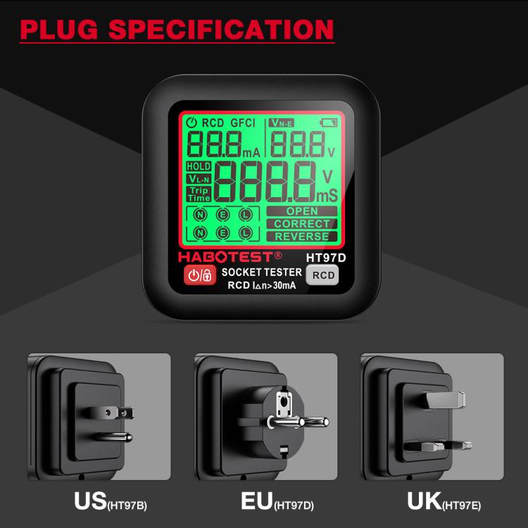 HABOTEST Tomada de Teste Elétrico Inteligente com Display Digital, HT97B Plugue US, HT97D Plugue EU, HT97E Plugue UK