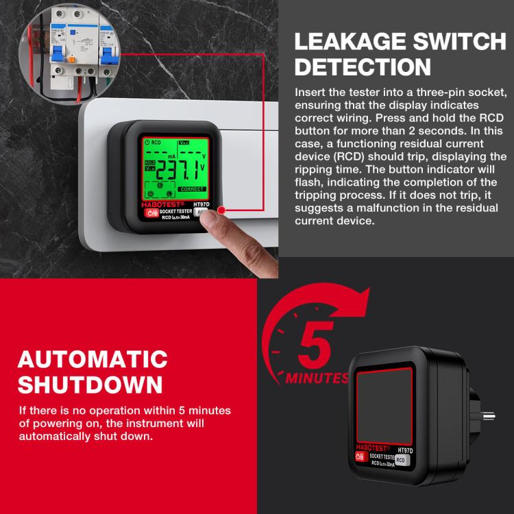 HABOTEST Tomada de Teste Elétrico Inteligente com Display Digital, HT97B Plugue US, HT97D Plugue EU, HT97E Plugue UK