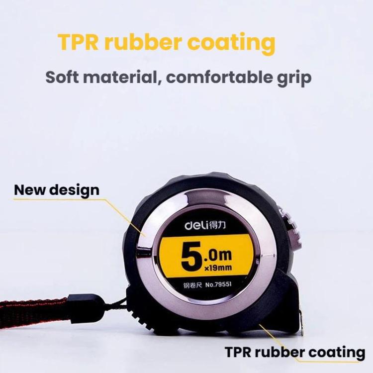 Fita métrica de aço auto-bloqueante com régua de medição coberta de TPR, Deli 79550 3m x 16mm, Deli 79551 5m x 19mm, Deli 79552 7,5m x 25mm, Deli 79553 10m x 25mm