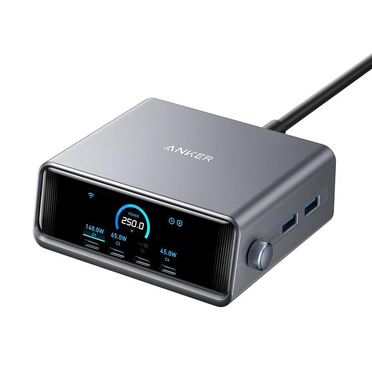 ANKER Prime Carregador Rápido de Nitreto de Gálio 250W 4 Tipo-C+2 USB Estação de Carregamento Inteligente de Secretária com Ecrã, Ficha EUA, A2345