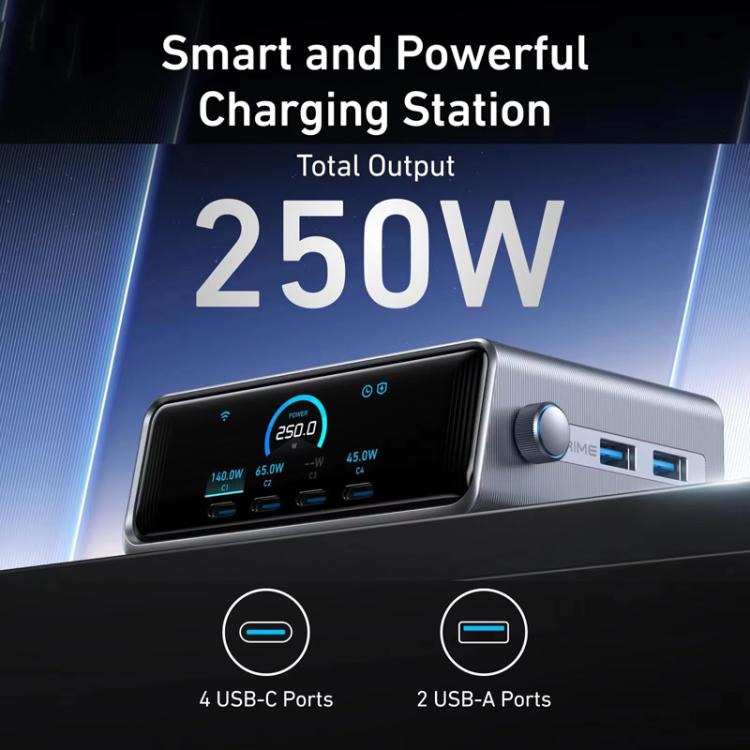 ANKER Prime Carregador Rápido de Nitreto de Gálio 250W 4 Tipo-C+2 USB Estação de Carregamento Inteligente de Secretária com Ecrã, Ficha EUA, A2345