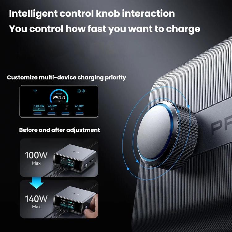 ANKER Prime Carregador Rápido de Nitreto de Gálio 250W 4 Tipo-C+2 USB Estação de Carregamento Inteligente de Secretária com Ecrã, Ficha EUA, A2345