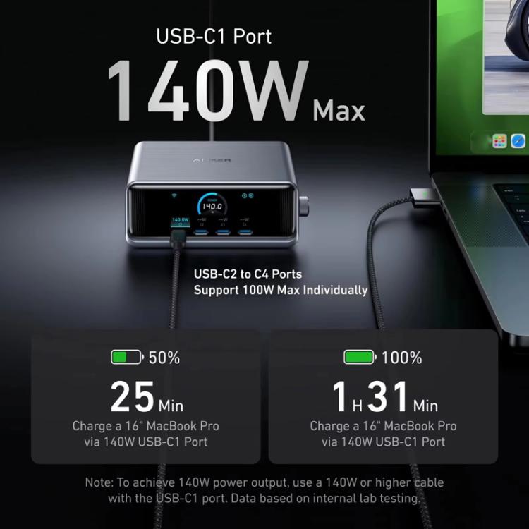 ANKER Prime Carregador Rápido de Nitreto de Gálio 250W 4 Tipo-C+2 USB Estação de Carregamento Inteligente de Secretária com Ecrã, Ficha EUA, A2345