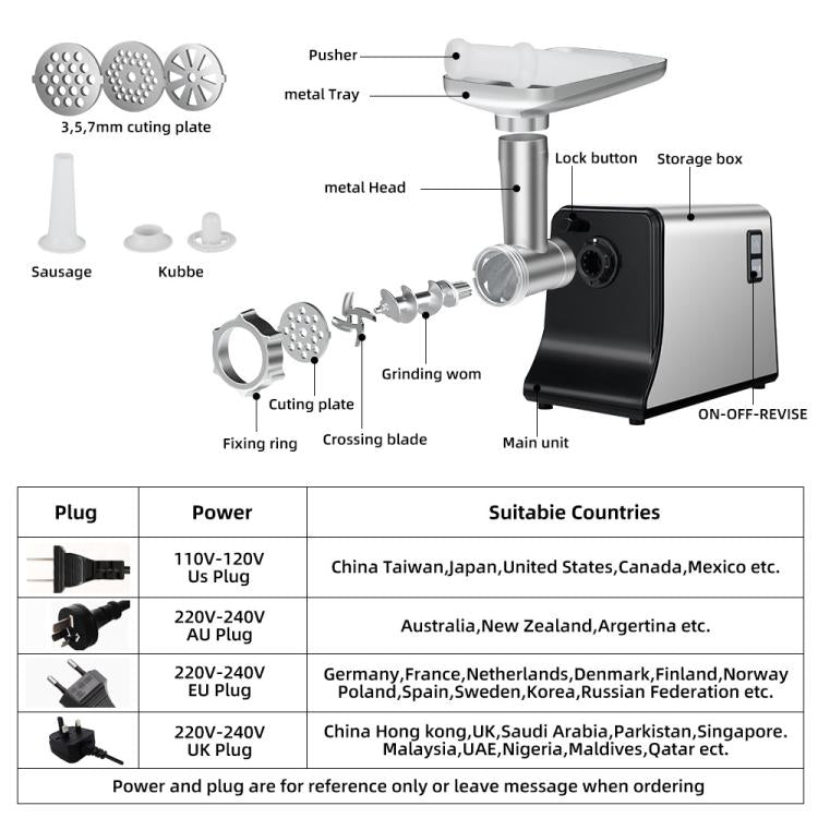 Stainless Steel Electric Meat Grinder Sausage Stuffer Home Use Mincer Machine, EU Plug, US Plug