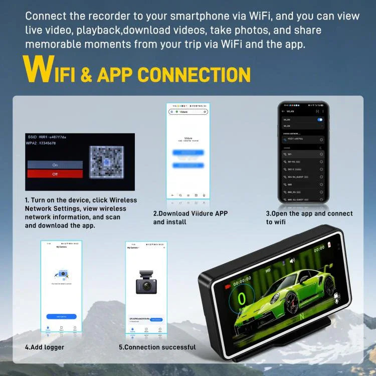 Câmara de Carro de 5 Polegadas 1080P com WIFI e Ecrã HUD, DVR de Carro, L5965