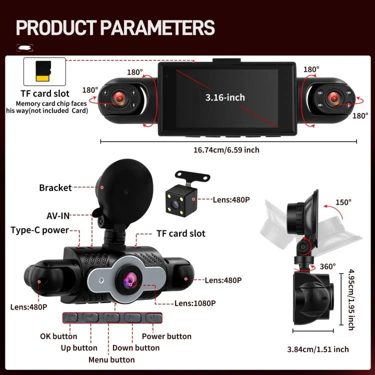 Câmara de Tablier de Carro de 3 Polegadas 1080P com Quatro Lentes, Câmaras Internas 480P Esquerda, Direita e Traseira, L5972