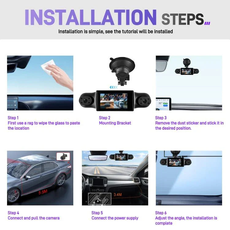 Câmara DVR de Carro 2K de 3 Polegadas com WiFi, Gravação Quádrupla, Gravador de Carro HD com Sensor de Gravidade 1080P, L5942