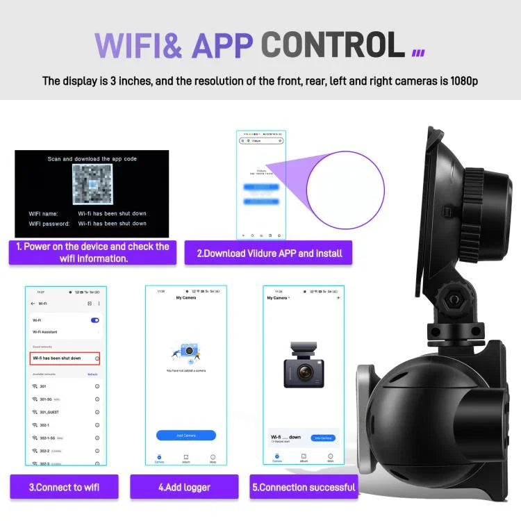 Câmara DVR de Carro 2K de 3 Polegadas com WiFi, Gravação Quádrupla, Gravador de Carro HD com Sensor de Gravidade 1080P, L5942