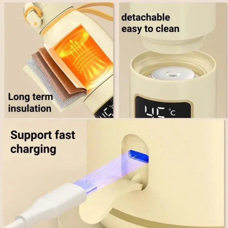Aquecedor Portátil Sem Fios para Biberão de Bebé 450ml 15000mAh, Copo de Aquecimento Recarregável 37-55 graus, Aço Inoxidável, Vidro