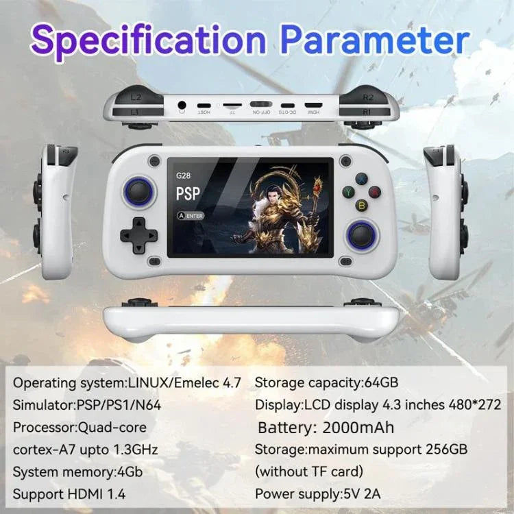 Consola de Jogos Portátil de Código Aberto G28 de 4,3 polegadas com Ecrã IPS HD, ARM Quad-Core Cortex-A7 1,3GHz, 64GB
