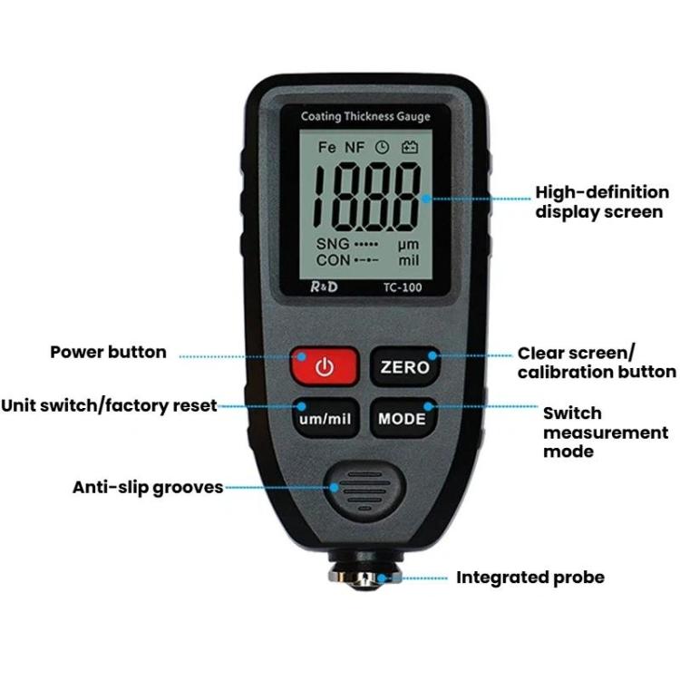 R&D INSTRUMENTS TC-100 Medidor de Espessura de Revestimento de Alta Precisão Testador de Espessura de Filme de Pintura Automóvel, TC-100