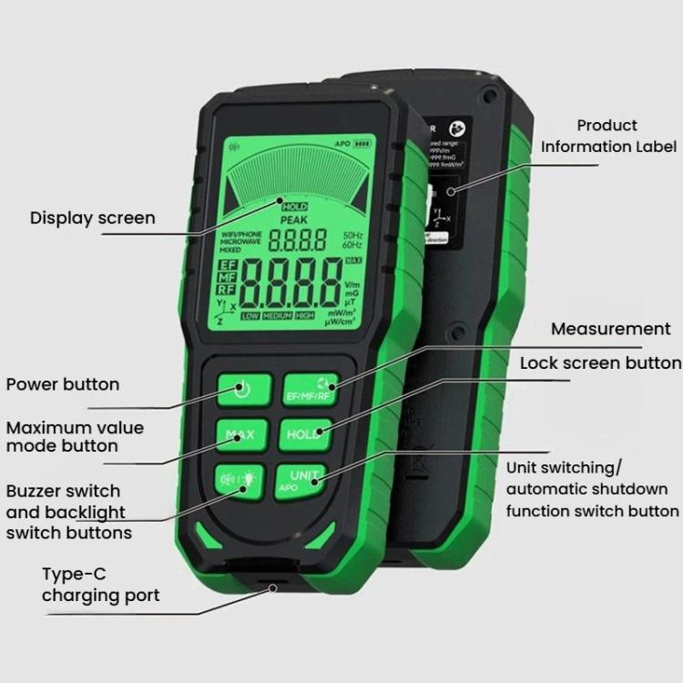R&D INSTRUMENTS RD637 Testador de Radiação Eletromagnética Recarregável com Alarme e Ecrã Digital 3 em 1, RD637
