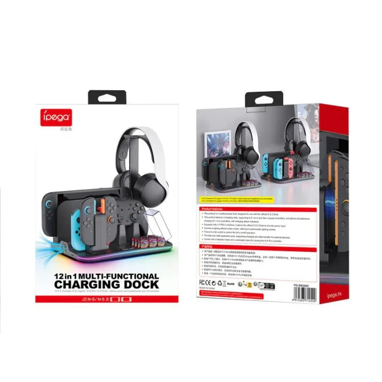 ipega Dock de Carregamento Multifuncional 12 em 1 para Nintendo Switch 2/Carregamento Switch Joy-Con, Dock para Comando Pro, Ventoinha de Arrefecimento, Organizador de Jogos e Auscultadores, 12 em 1