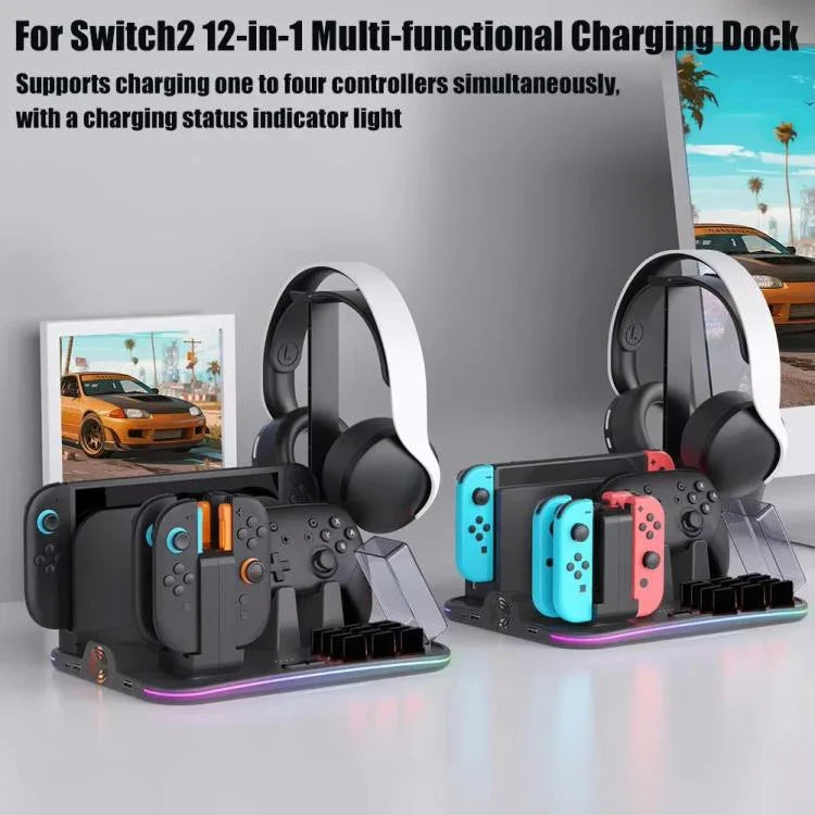 ipega Dock de Carregamento Multifuncional 12 em 1 para Nintendo Switch 2/Carregamento Switch Joy-Con, Dock para Comando Pro, Ventoinha de Arrefecimento, Organizador de Jogos e Auscultadores, 12 em 1