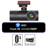 Câmara de tablier para carro 4K, conectada por WiFi ao smartphone, gravação dupla, frente+interior, frente+interior+GPS, frente+traseira, frente+traseira+GPS