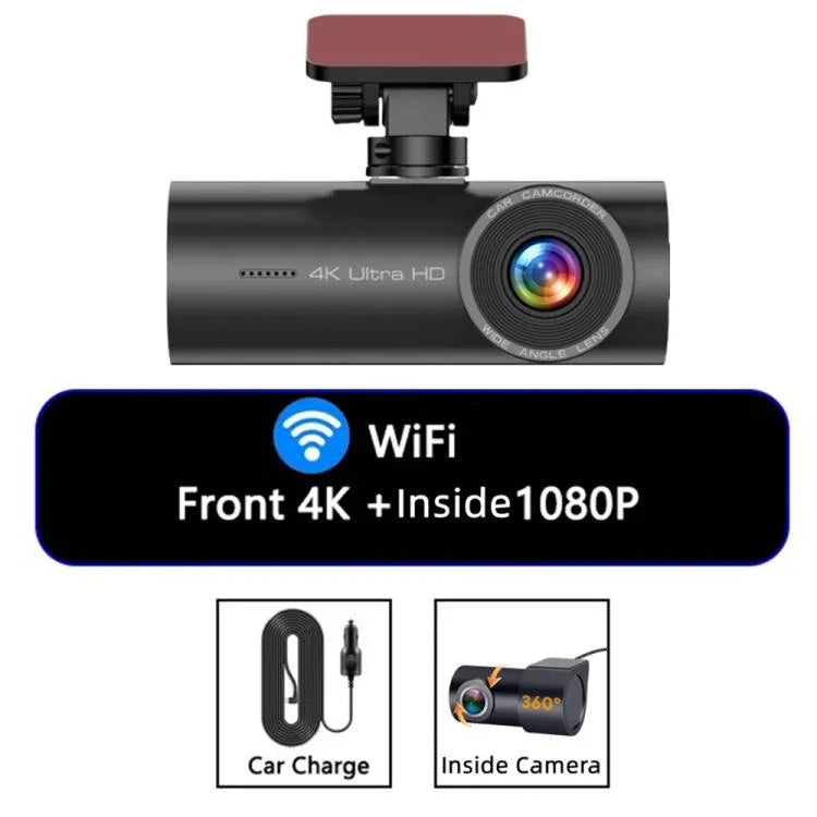 Câmara de tablier para carro 4K, conectada por WiFi ao smartphone, gravação dupla, frente+interior, frente+interior+GPS, frente+traseira, frente+traseira+GPS