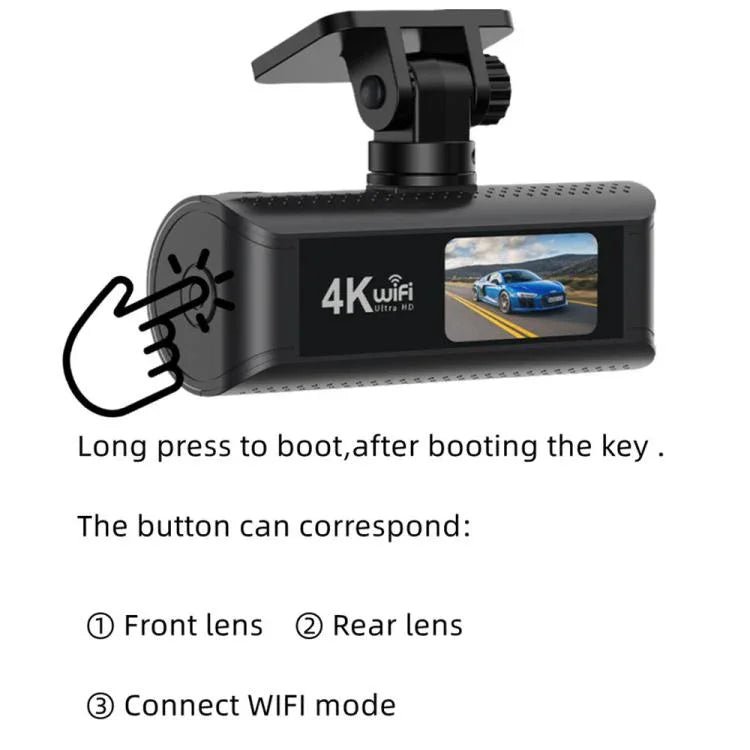 Câmara de tablier para carro 4K, conectada por WiFi ao smartphone, gravação dupla, frente+interior, frente+interior+GPS, frente+traseira, frente+traseira+GPS