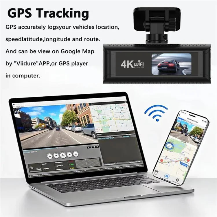 Câmara de tablier para carro 4K, conectada por WiFi ao smartphone, gravação dupla, frente+interior, frente+interior+GPS, frente+traseira, frente+traseira+GPS