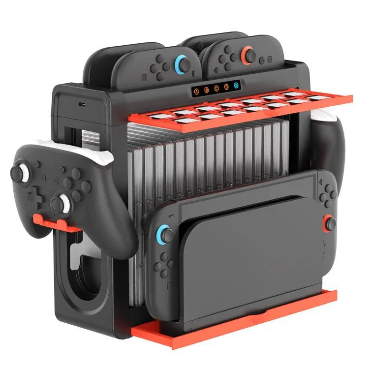 ipega Dock de Carregamento e Suporte de Armazenamento Multifuncional 6 em 1 para Nintendo Switch 2 / Switch Joy-Con com 14 Slots para Cartões de Jogo e Estojo de Jogo de 16 Grades, 6 em 1