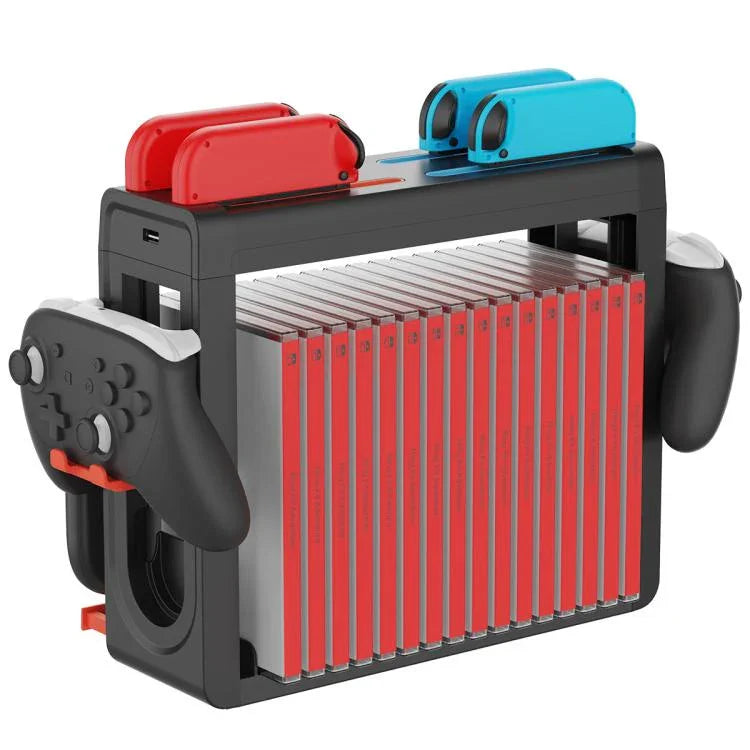 ipega Dock de Carregamento e Suporte de Armazenamento Multifuncional 6 em 1 para Nintendo Switch 2 / Switch Joy-Con com 14 Slots para Cartões de Jogo e Estojo de Jogo de 16 Grades, 6 em 1