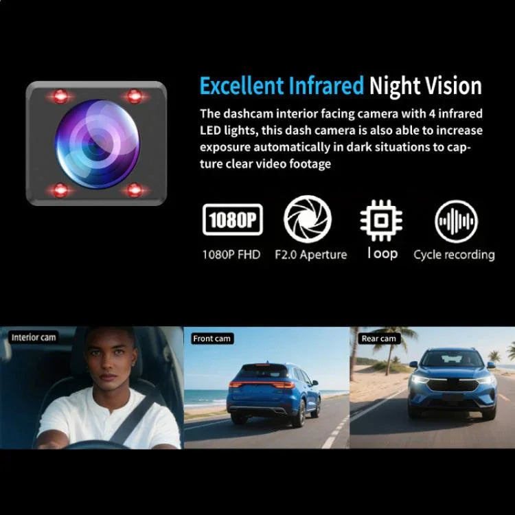 DVR para carro com visão noturna por infravermelhos HD 1080P de 3,16 polegadas, frente + interior (sem Wi-Fi), frente + interior + traseira (sem Wi-Fi), frente + interior + conectividade Wi-Fi, frente + interior + traseira + conectividade Wi-Fi