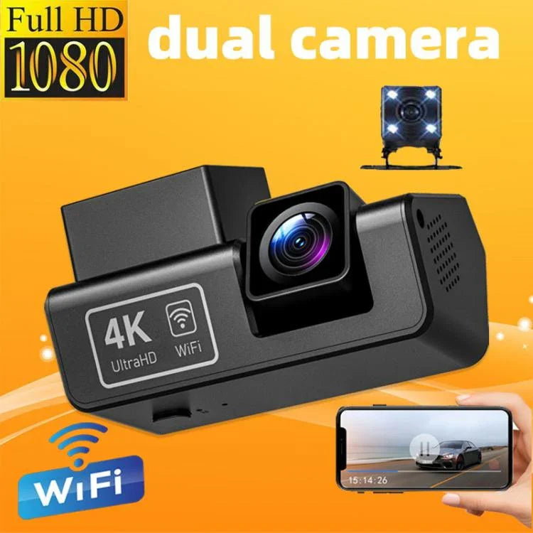 Câmara de tablier M68 1080P HD com visão noturna, sem ecrã, gravador com monitorização de estacionamento 24 horas, frente + WiFi, frente + traseira + WiFi