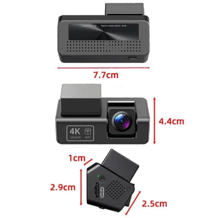 Câmara de tablier M68 1080P HD com visão noturna, sem ecrã, gravador com monitorização de estacionamento 24 horas, frente + WiFi, frente + traseira + WiFi