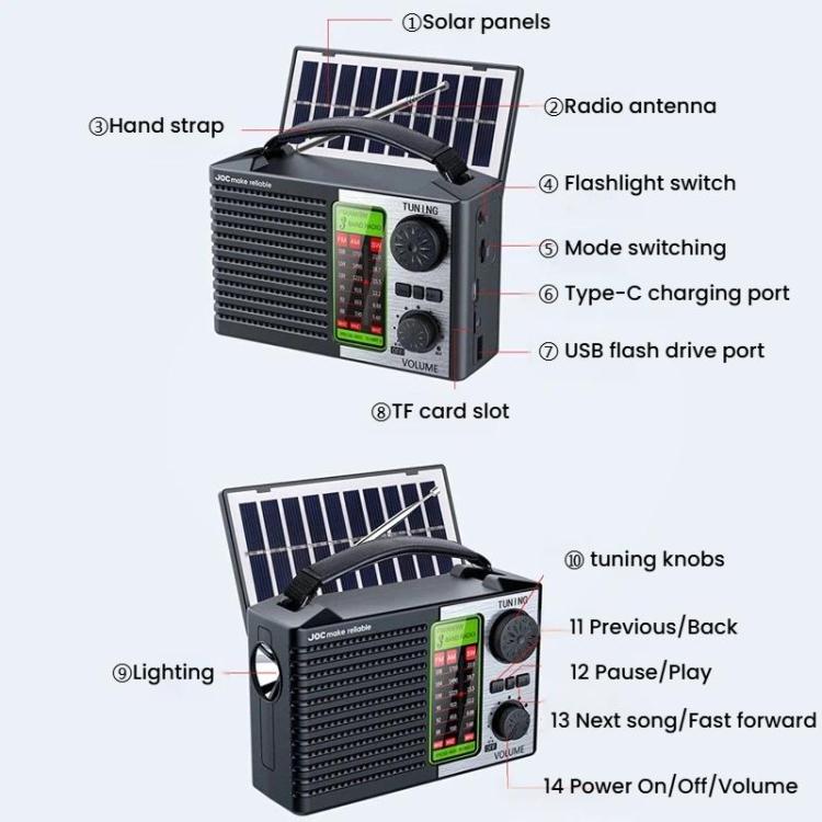 JOC TG-099BT-S Rádio Solar de Banda Completa com Lanterna Rádio Bluetooth Portátil, JOC TG-099BT-S