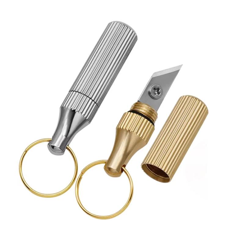 2 Peças de Faca de Gravação em Cápsula Mini Portátil com Chaveiro, Faca Pequena de Latão, Dourado+Prateado