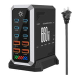 Carregador de Secretária Multi-Porta 6 Type-C + 4 USB 660W de Alta Potência com Nitreto de Gálio, Plugue US, Plugue UK, Plugue EU, Plugue AU