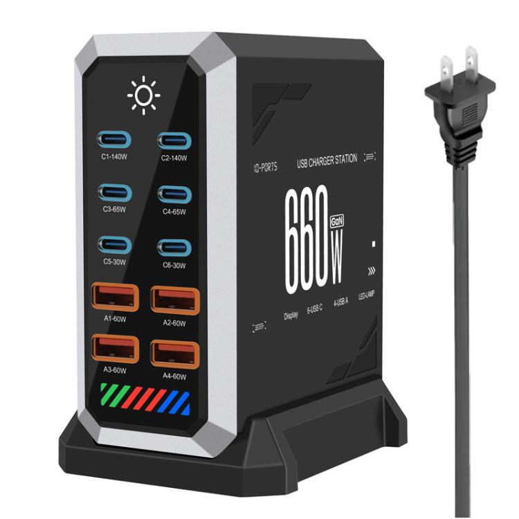 Carregador de Secretária Multi-Porta 6 Type-C + 4 USB 660W de Alta Potência com Nitreto de Gálio, Plugue US, Plugue UK, Plugue EU, Plugue AU