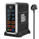 Carregador de Secretária Multi-Porta 6 Type-C + 4 USB 660W de Alta Potência com Nitreto de Gálio, Plugue US, Plugue UK, Plugue EU, Plugue AU