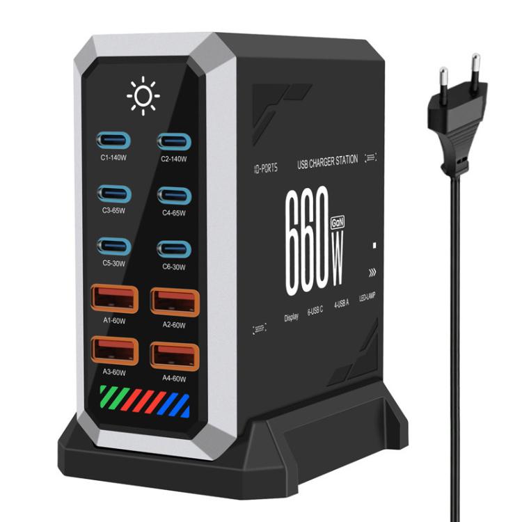 Carregador de Secretária Multi-Porta 6 Type-C + 4 USB 660W de Alta Potência com Nitreto de Gálio, Plugue US, Plugue UK, Plugue EU, Plugue AU