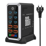 Carregador de Secretária Multi-Porta 6 Type-C + 4 USB 660W de Alta Potência com Nitreto de Gálio, Plugue US, Plugue UK, Plugue EU, Plugue AU